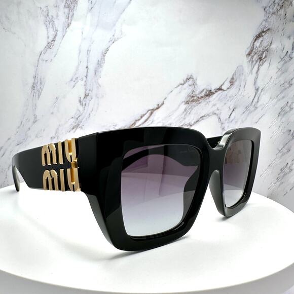New MIU MIU Sunglasses Black Square 2026 Gold Metal Logo Women Authentic w/ Case